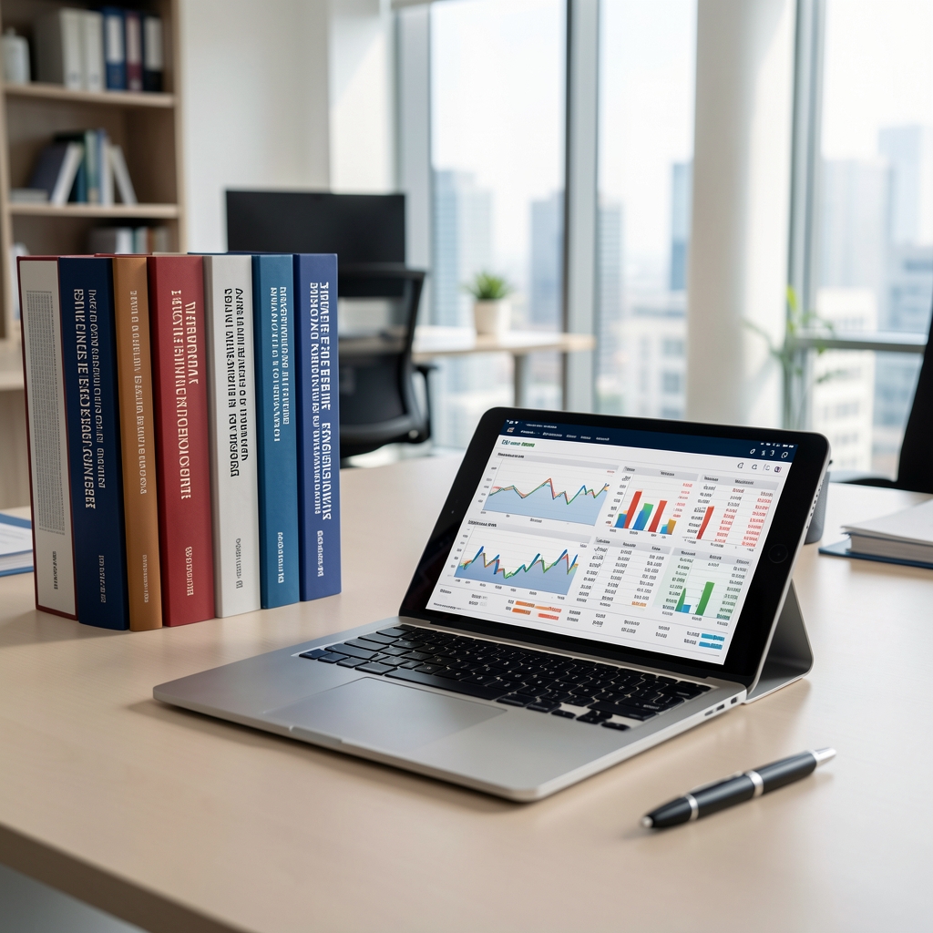 Modern ofis ortamında muhasebe standartları kitapları ve dijital tablet üzerinde finansal tablolar, profesyonel iş dünyası atmosferi