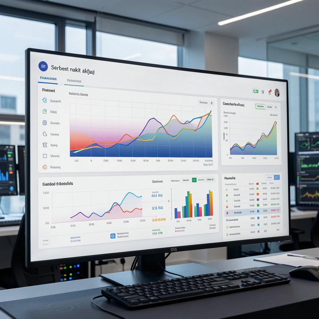 Serbest nakit akışı analizi gösteren büyük monitör ekranı, grafik ve tablolarla dolu finansal gösterge paneli, modern ofis ortamı