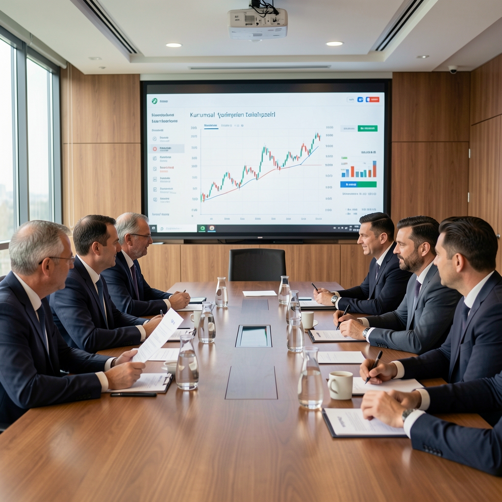 Kurumsal yönetim toplantısı, yönetim kurulu üyeleri modern konferans odasında finansal raporları tartışıyor, büyük ekranda şirket verileri