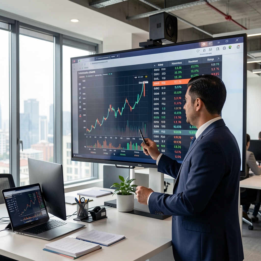 Muhasebe uzmanı büyük ekranda finansal tablo ve bilanço verilerini analiz ediyor, grafik ve sayısal göstergeler belirgin, İstanbul modern ofis