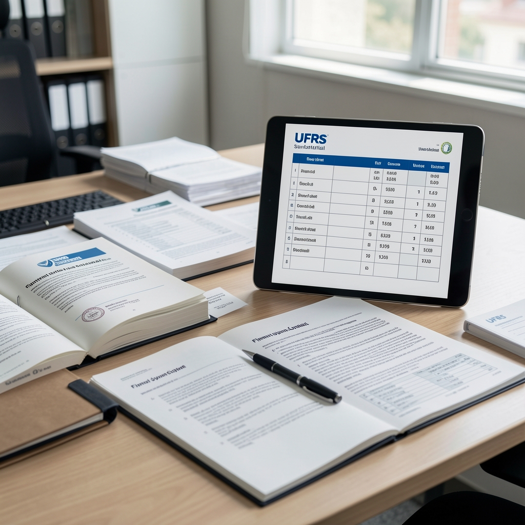 UFRS standartları kitabı ve dijital tablet üzerinde finansal uyum kontrol listesi, ofis masasında açık dökümanlar